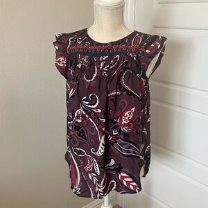 LOFT Flutter Sleeve Purple Floral Top Size Small